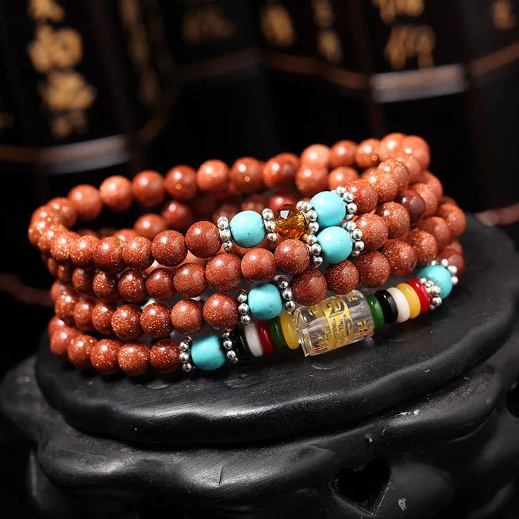 Golden star stone women's bracelet with 108 nugget sand beads and multi-circle mantra design