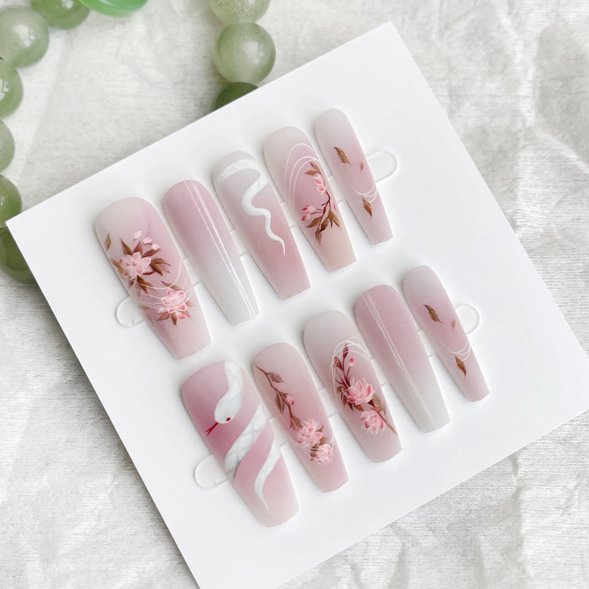 Ancient Chinese style snake year red prefabricated nail tips in drunk among flowers colour, 40 pieces, ultra-thin seamless design