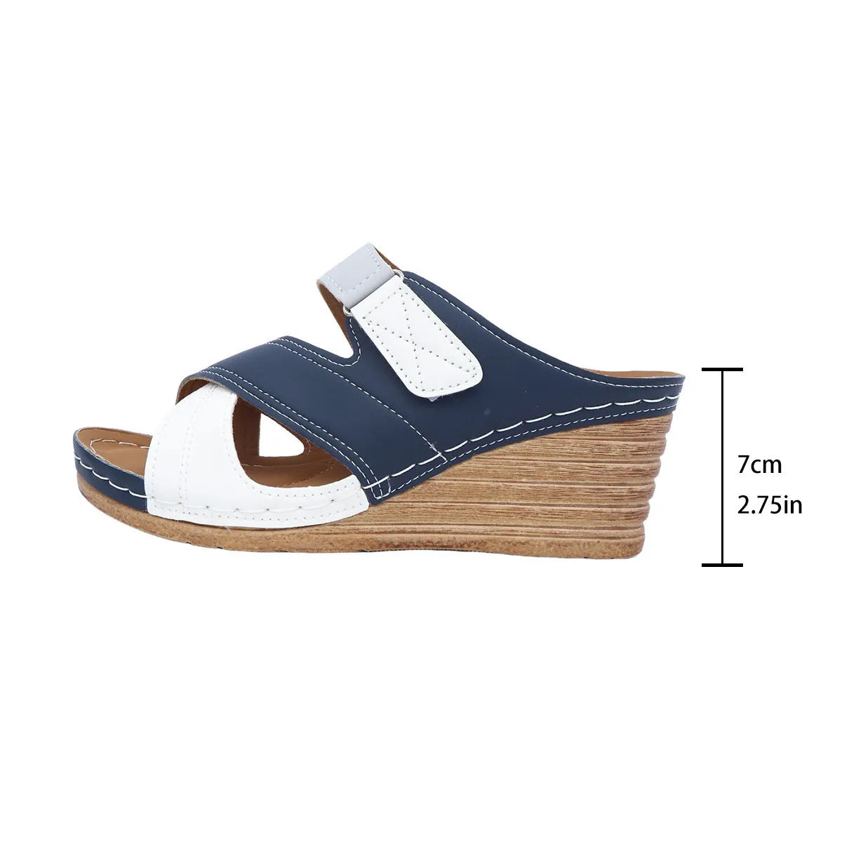 Women's wedge-heel slipper sandals with a Velcro strap, shown in a two-tone colour combination.