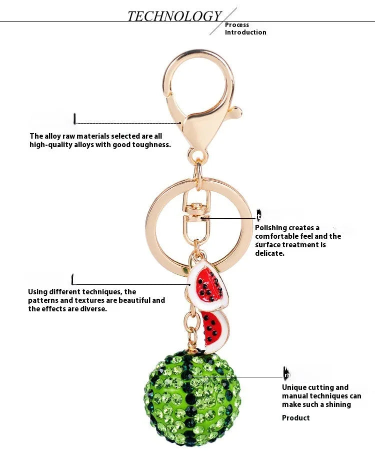 Green zinc alloy watermelon keychain measuring 12 cm in length.