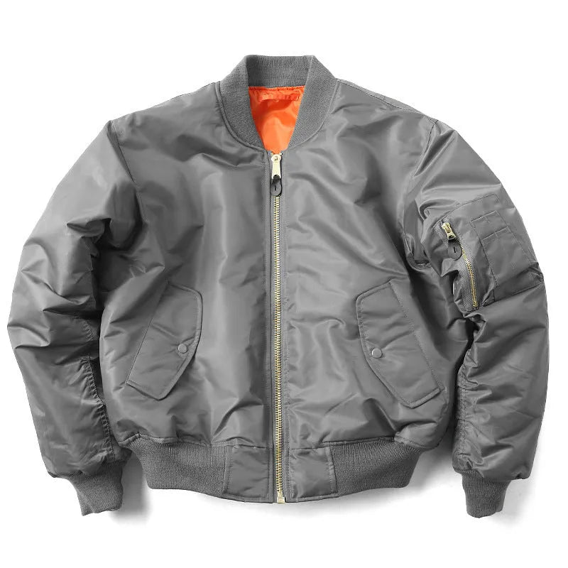 Men's loose fit army green nylon pilot jacket with cotton padding on a mannequin.