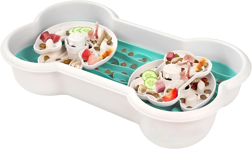 Large green slow feeder dog bowl with three separable puzzle trays for extended feeding time