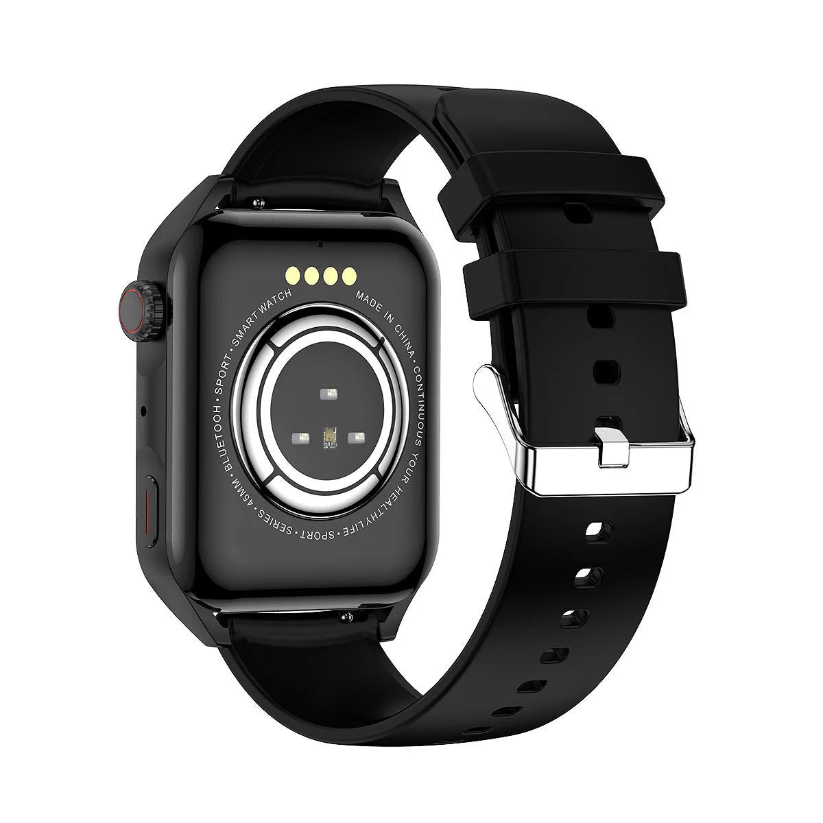 Pink smartwatch with AMOLED screen showing multiple watch dials and a silicone strap on a wrist