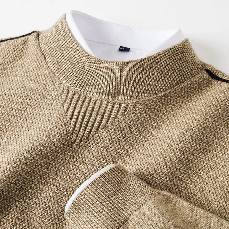 Men's knitted half-turtleneck pullover with inverted triangle jacquard pattern in black, rabbit hair and modal blend