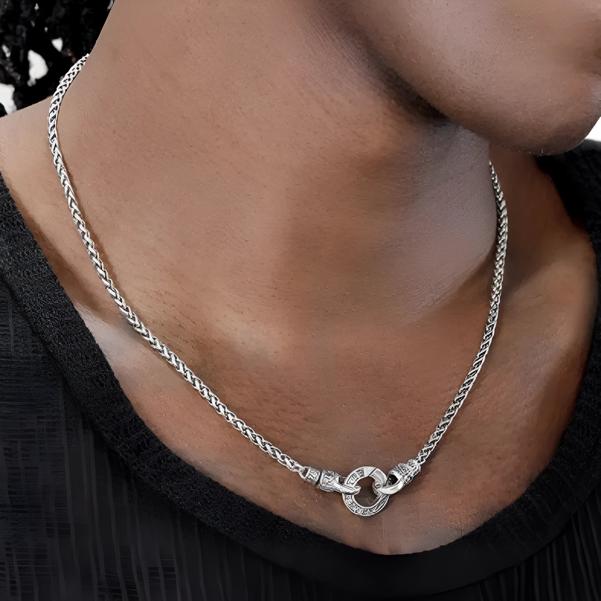Polished S925 sterling silver clavicle necklace for women shown in silver, with a close-up of the chain.