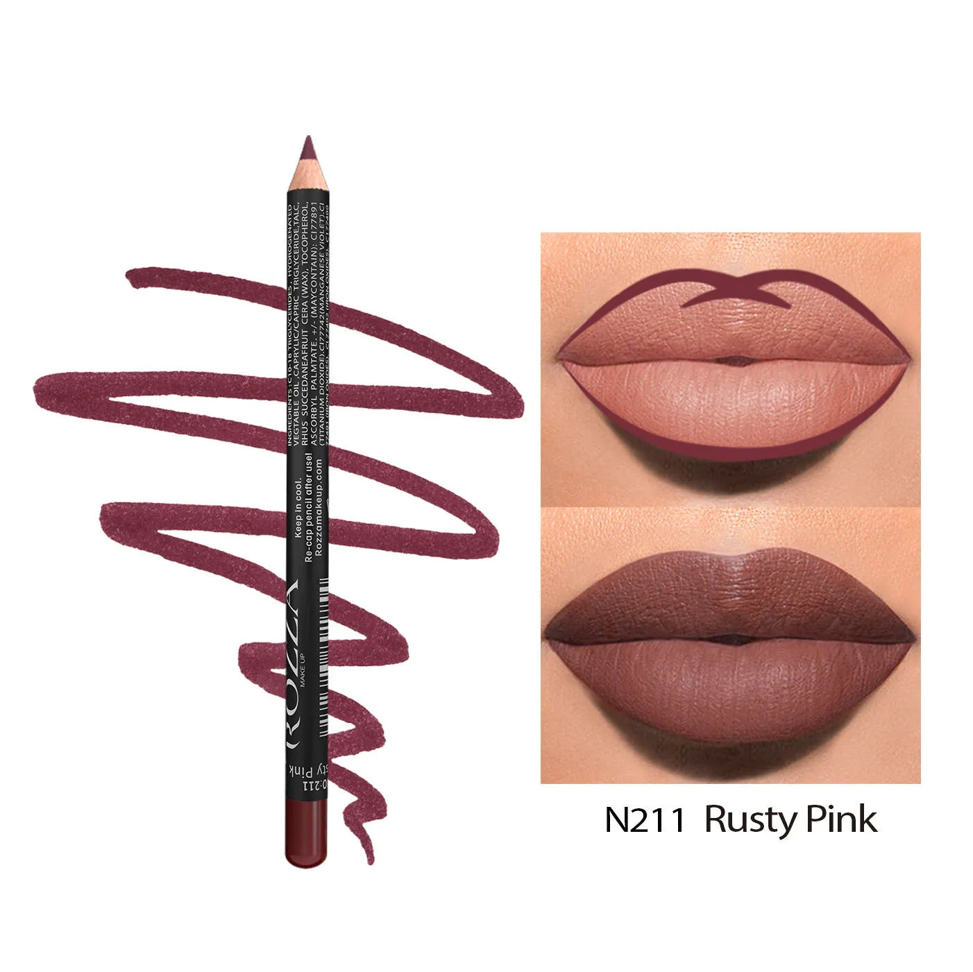Wood-cased matte lip liner pencil in one of fourteen shades, shown on a hand