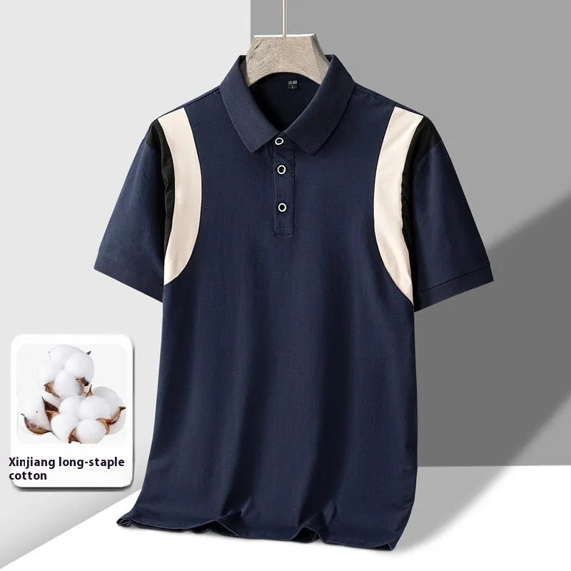 Men's gray cotton lapel T-shirt on a hanger, showing V-neck and short sleeves.