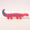 Green lizard-shaped dog chew toy with squeaker for aggressive chewers, shown with dimensions.