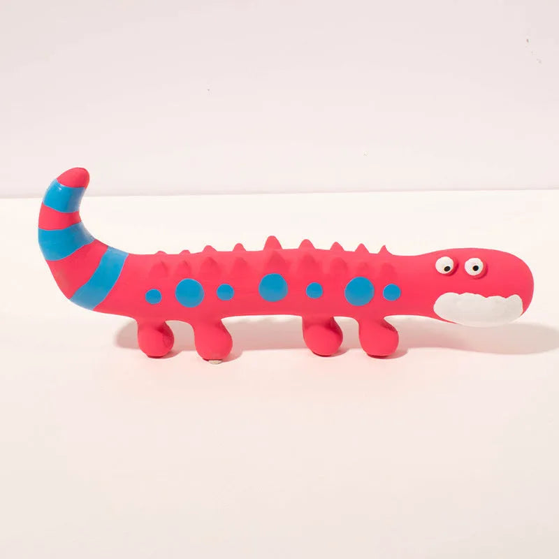 Green lizard-shaped dog chew toy with squeaker for aggressive chewers, shown with dimensions.