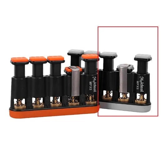 Grey and orange silicone finger exercise tool for musicians and climbers.