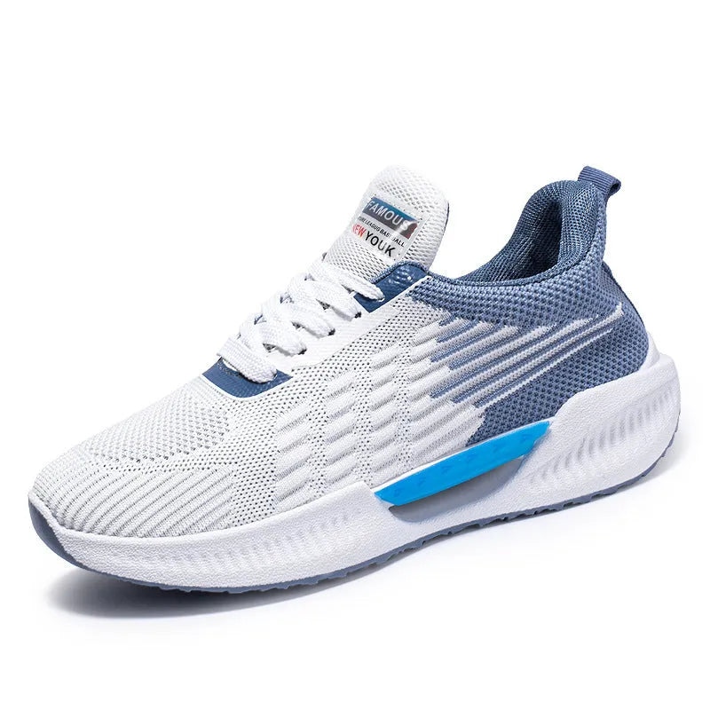 Men's blue breathable casual sports shoe with cloth upper and plastic sole on a white background.