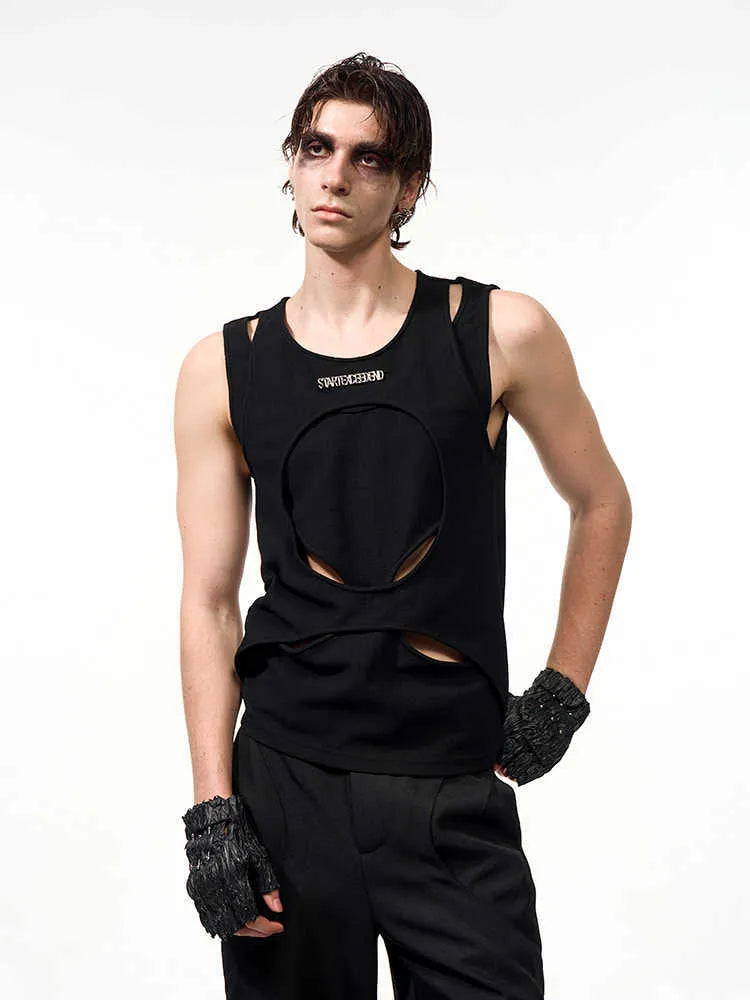 Men's loose black and white hollow knit sleeveless summer vest on a hanger.