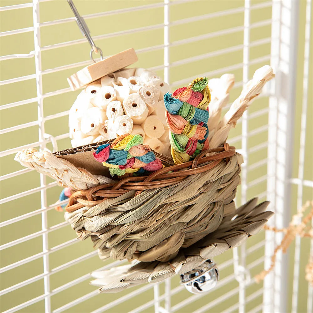 Set of three natural wood gnawing blocks for parrot chewing toy.