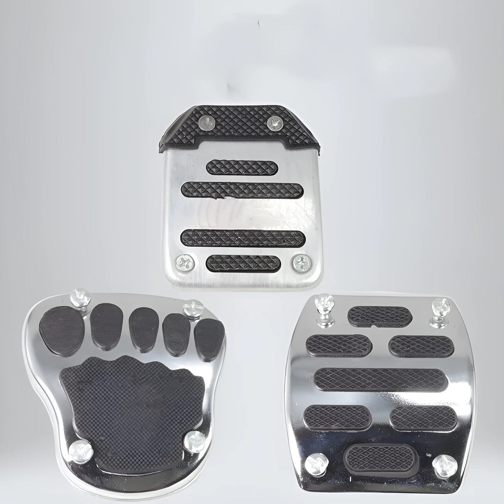 Men's metal motorcycle brake pedal skid plate showing three style options