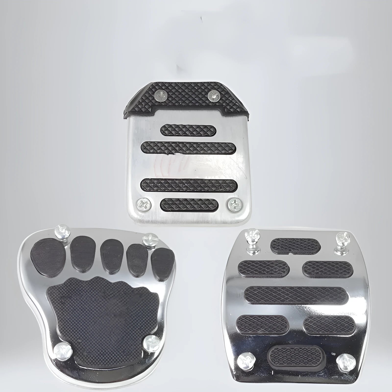 Men's metal motorcycle brake pedal skid plate showing three style options