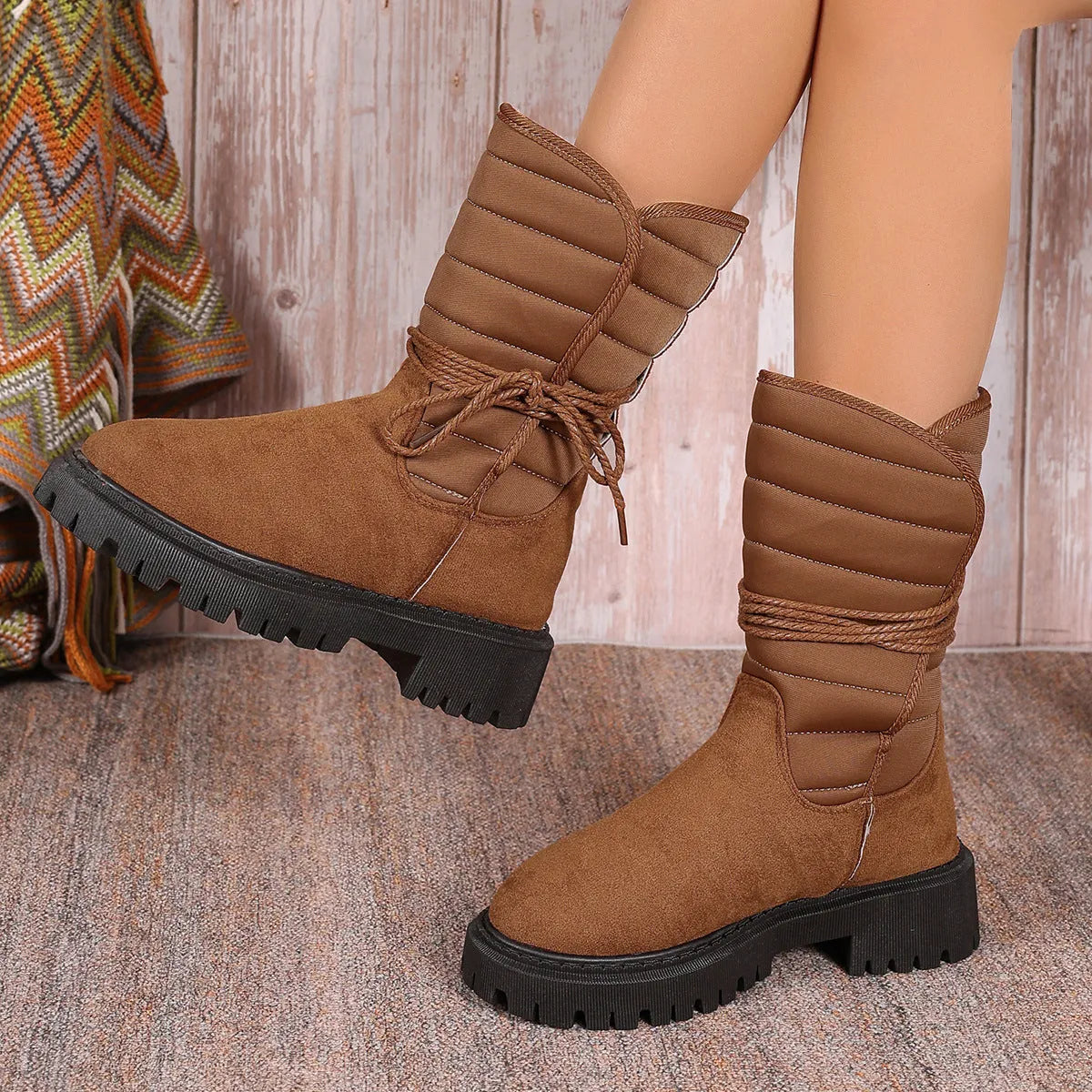 Women's black suede chunky heel snow boots with lace-up high-top and fleece lining.