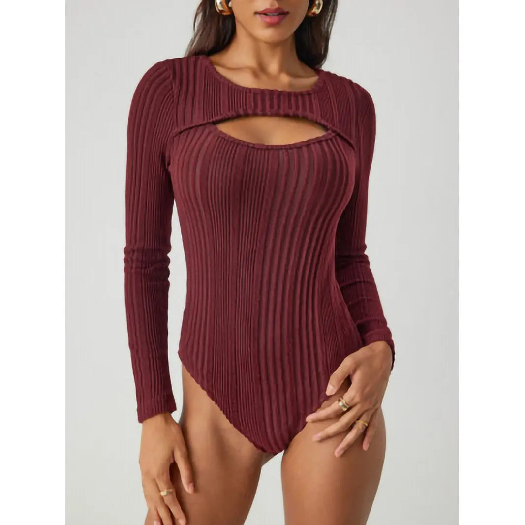 Sunken stripe hollow-out slim-fit one-piece T-shirt top in wine red, high waist, long sleeves