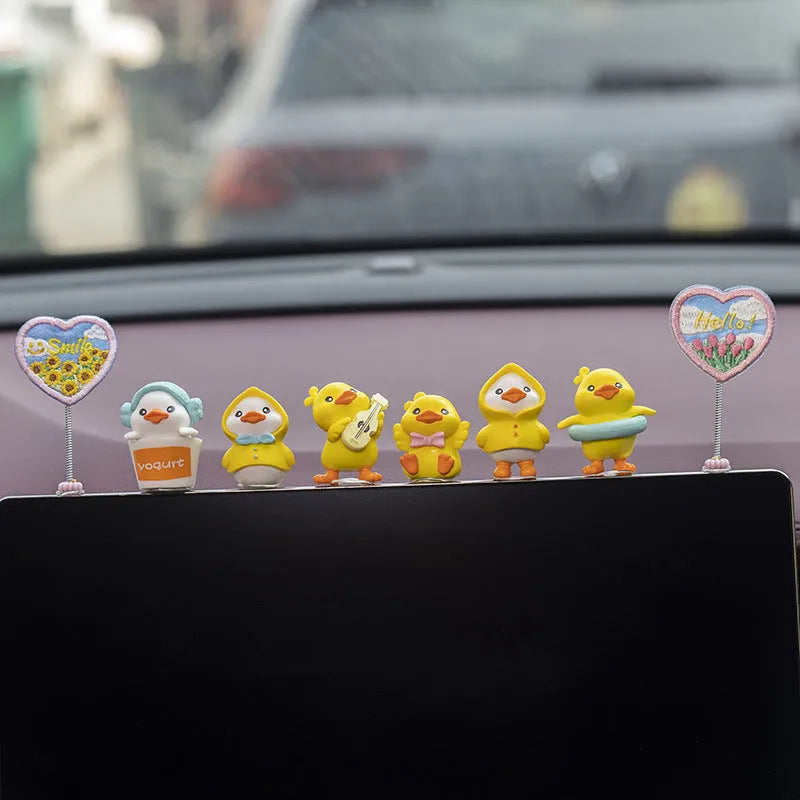 PVC cartoon duckling car decoration set with six small ducks and one sign label for vehicle interior