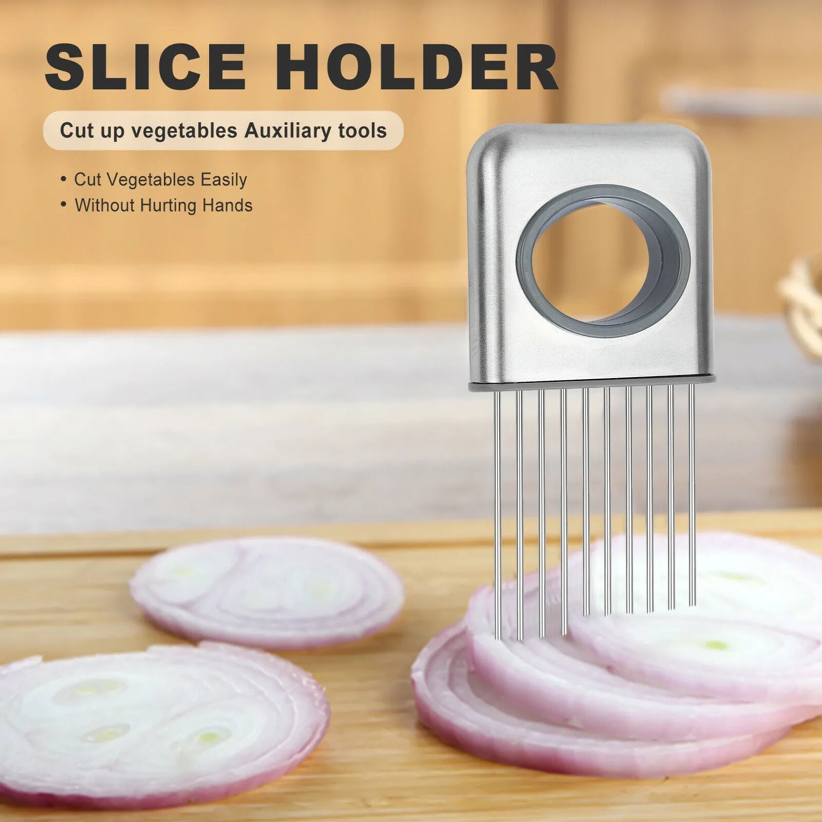 Stainless steel onion holder with ultra-sharp prongs and finger guard protector on a kitchen counter
