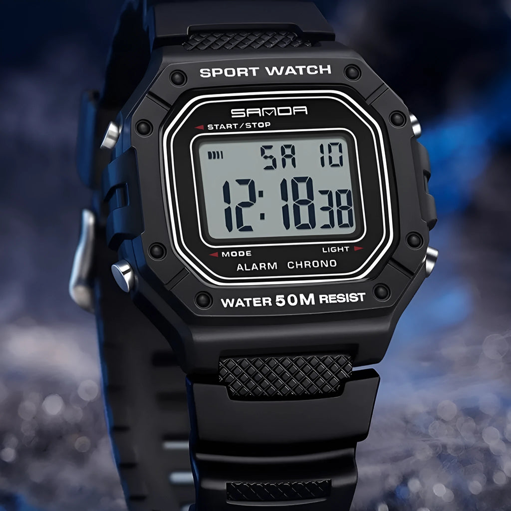 Swimming waterproof youth electronic watch with simple alarm clock in black colour option