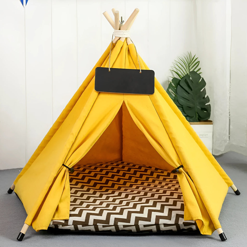 White and yellow striped flax linen pet teepee tent with cushion for small dogs or cats.