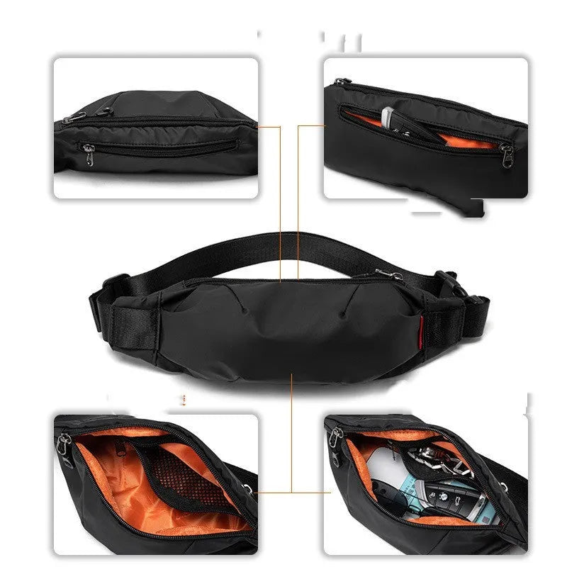 Black Oxford cloth men's crossbody waist pack showing internal phone and ID pockets