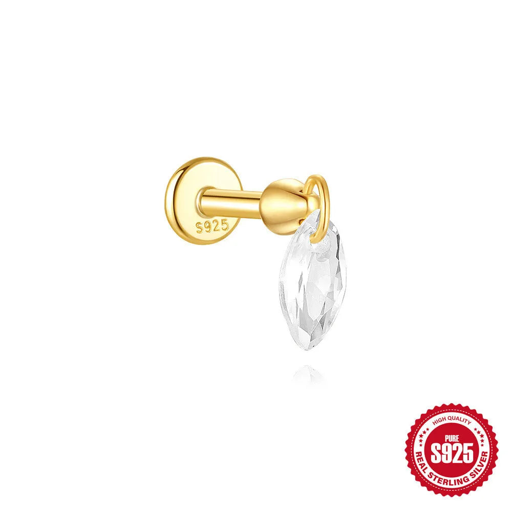 S925 sterling silver geometric kite earring with rhinestones and a chain tassel in a gold colour.