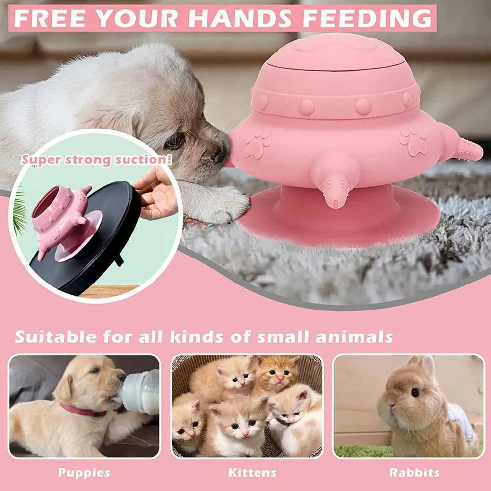 Pink silicone pet nursing device with bionic breast-shaped milk bowl and pacifiers