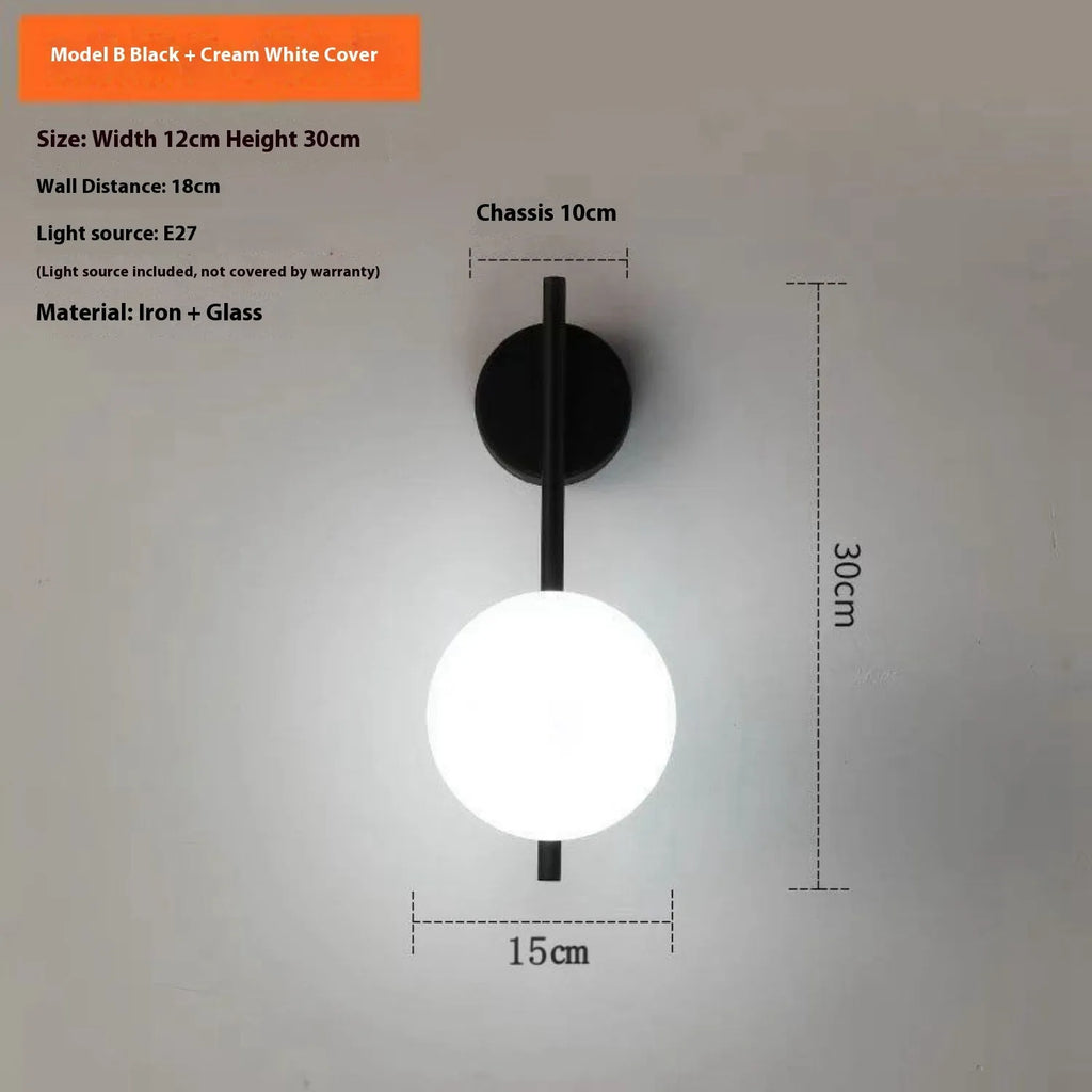 Black wrought iron Nordic wall lamp with milky white glass cover, 12cm wide and 30cm high, for balcony or stairway installation