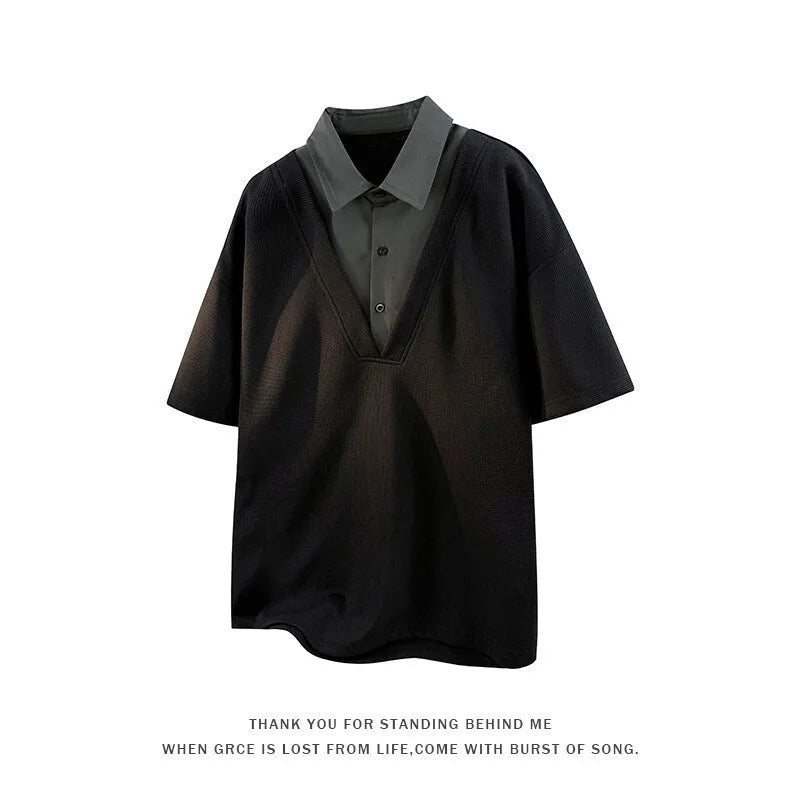 Men's heavy Henry collar polo shirt sweater with padding in black and apricot colours