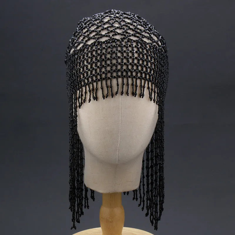 Alloy belly dance performance hat with beaded tassels in black or silver colour