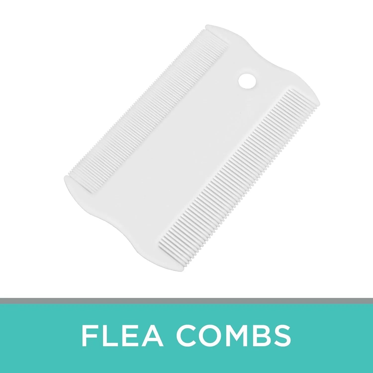 A small white plastic double-sided flea comb for pets, showing both the fine tooth side and the grate mouth side.