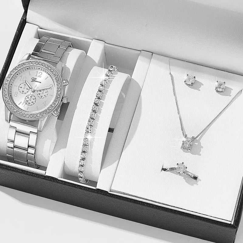 Women's casual quartz watch suit set with alloy case 36mm dial bracelet earrings necklace ring