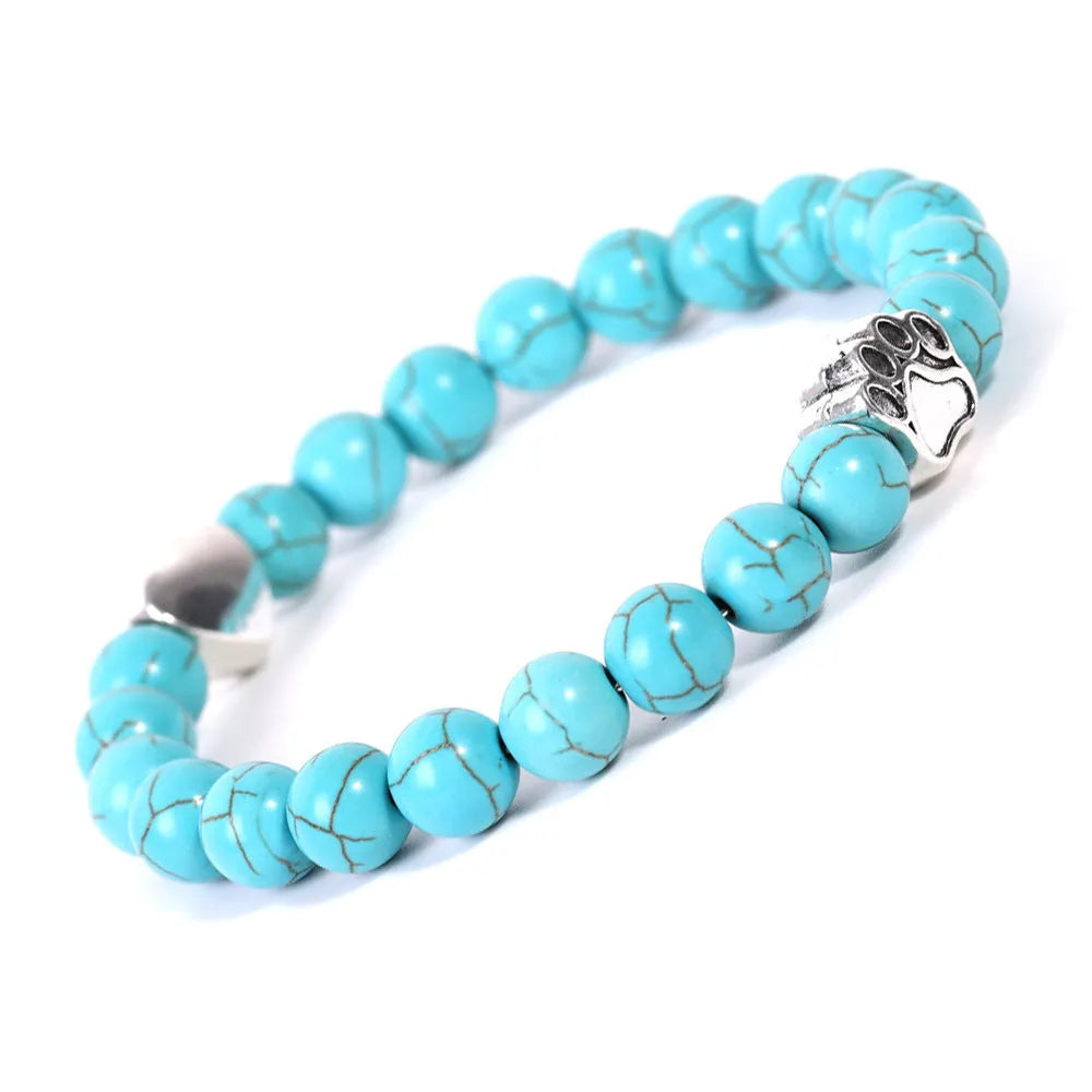 Tigereye Indian agate stone bracelet with dog paw and love heart charms on geometric beaded design
