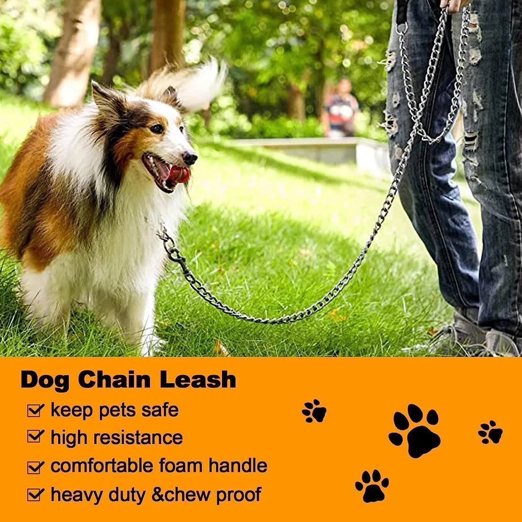Heavy duty metal dog leash chain with soft black padded handle, shown with red collar attachment.