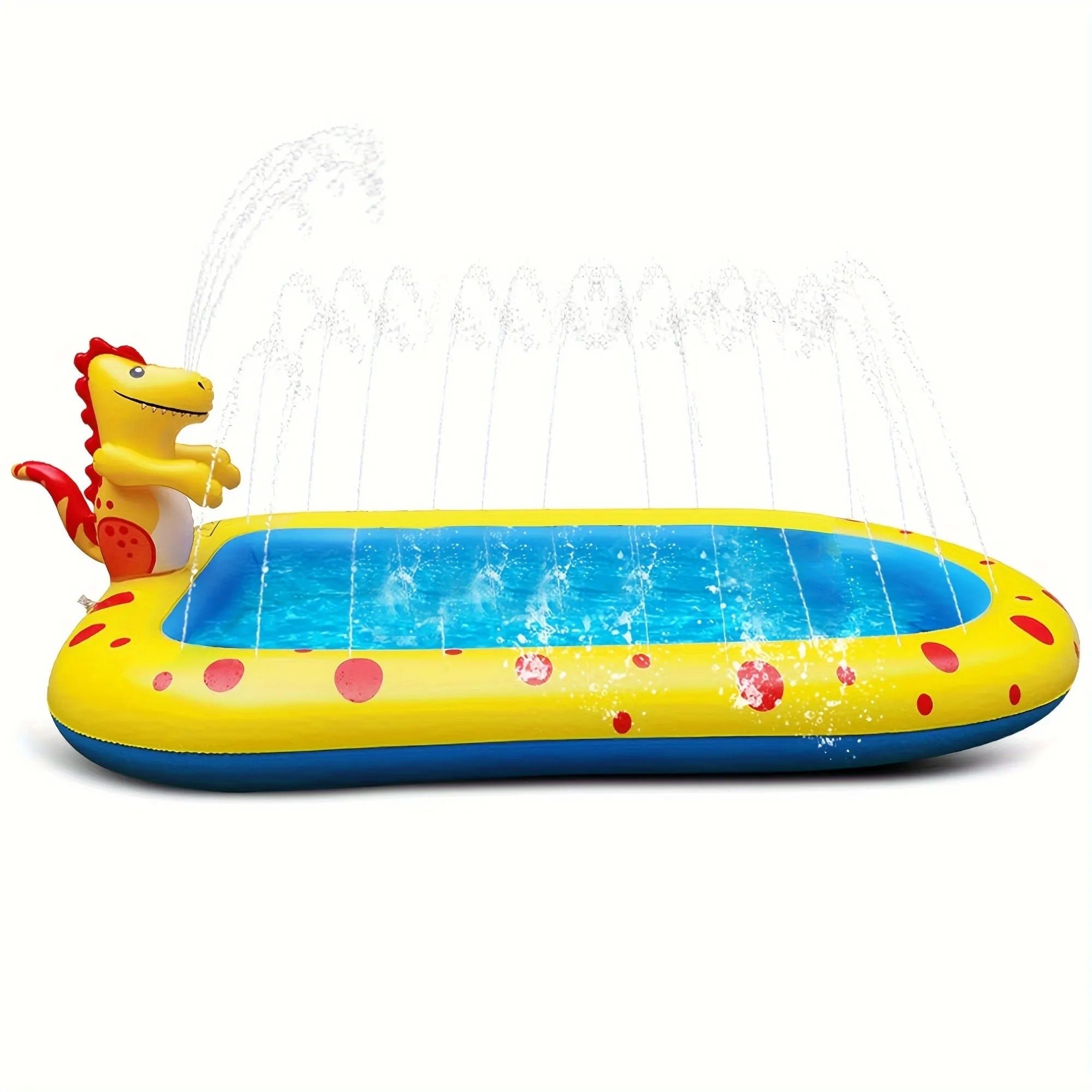 Blue inflatable dinosaur and shark themed children's play pool in a garden setting.