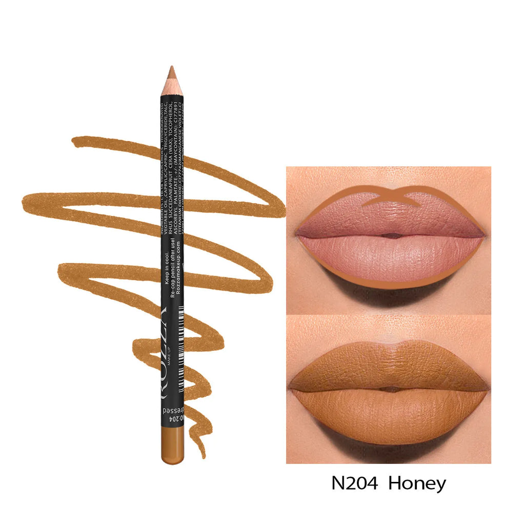 Wood-cased matte lip liner pencil in one of fourteen shades, shown on a hand