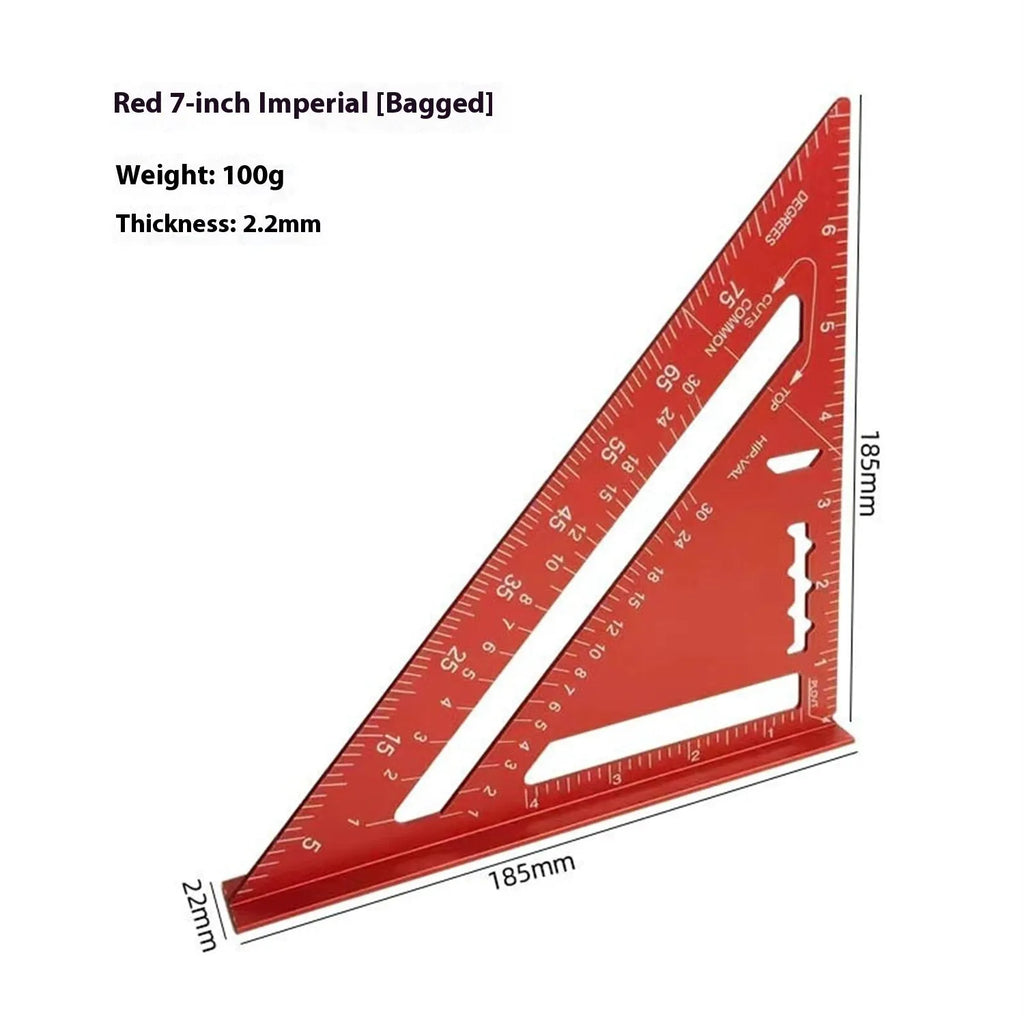 Red 7-inch metal combination angle ruler with metric scale, two tools in a clear bag.