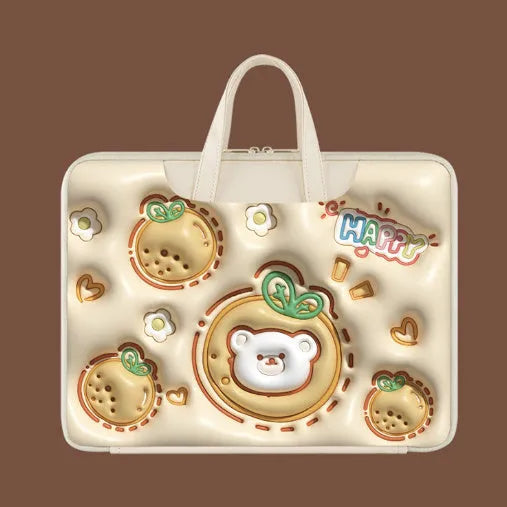 Inflatable grey laptop bag with a cute panda design, showing the inflation valve and back strap for attaching to suitcase handle.