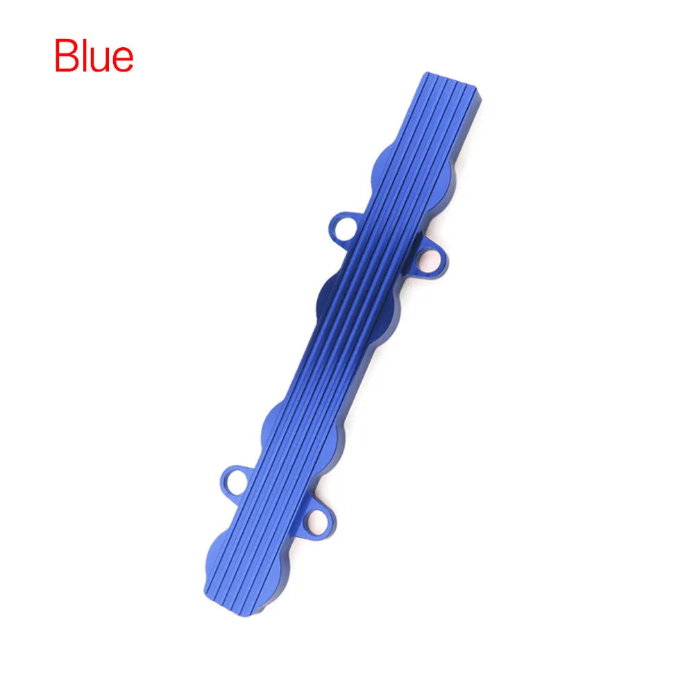 Aluminium alloy engine harness mounting bracket in blue, red, or silver finish, shown with and without holes.