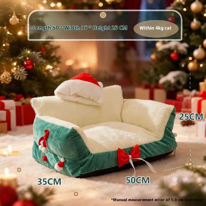 Flannel cat nest in red with removable washable cover, plus-sized variant, on floor