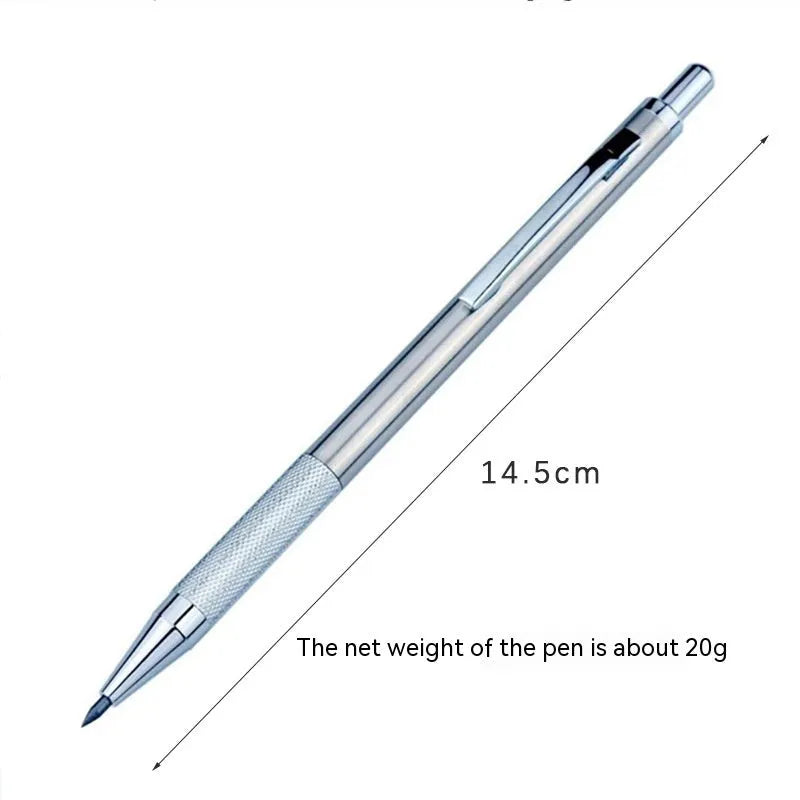 A metal mechanical pencil for drafting and writing with multiple lead size options.