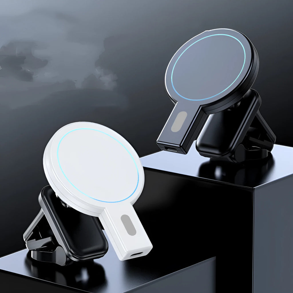 Black magnetic wireless phone charger with adjustable stand showing 85mm compact dimensions