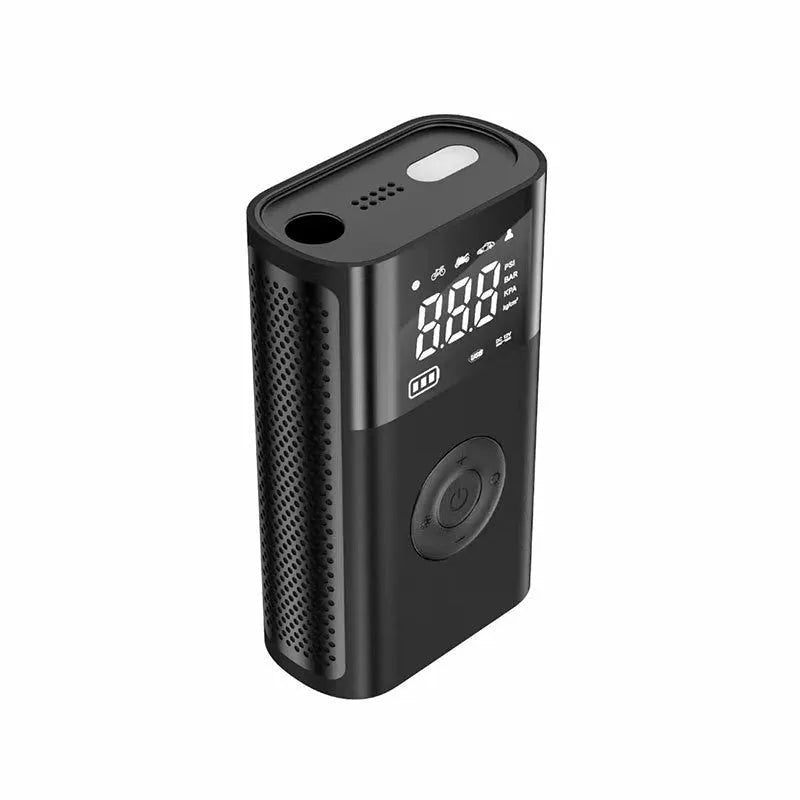 Wireless handheld digital tyre inflator with LCD screen, LED light, and attachments for car, bike, and ball valves.