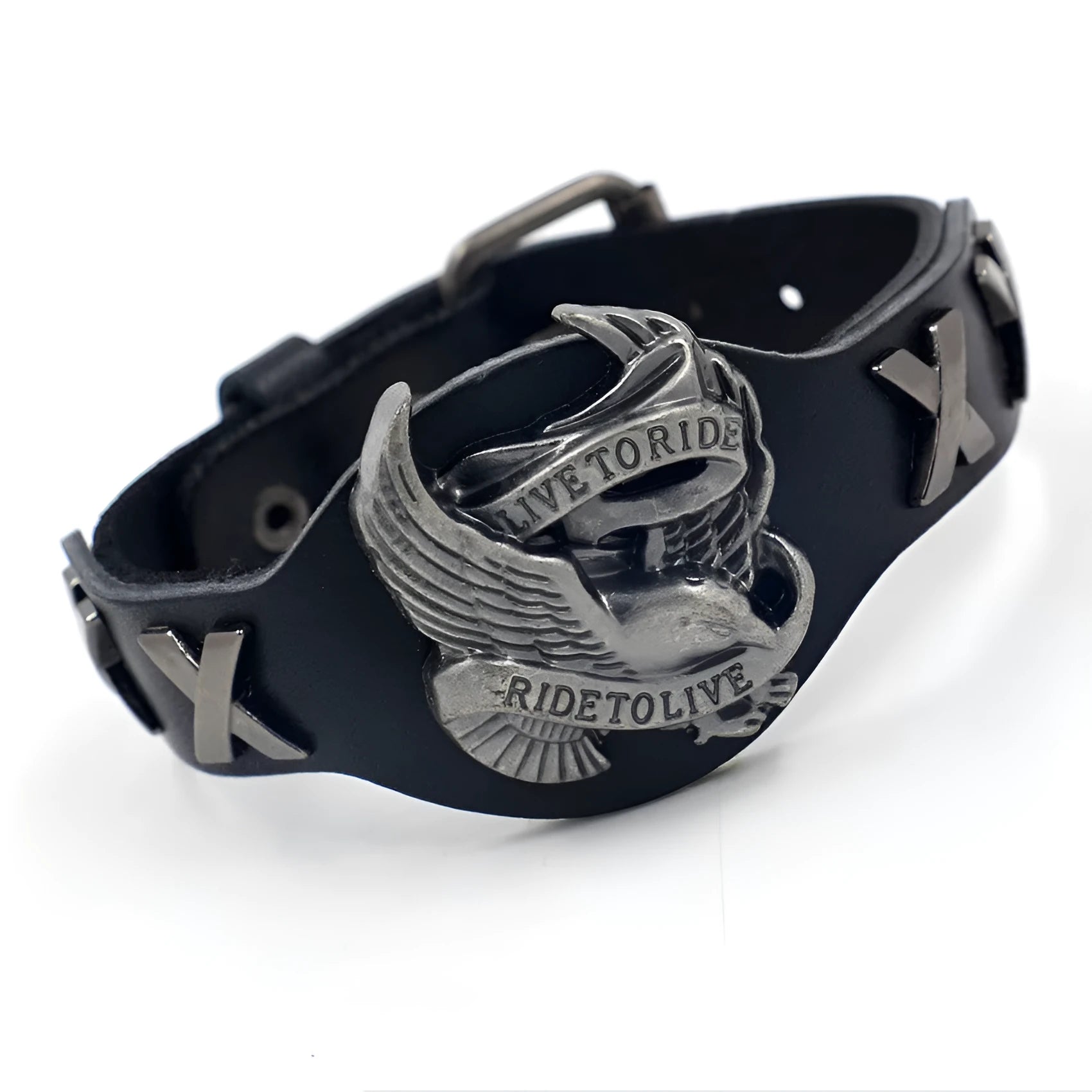 Black leather bracelet with an alloy eagle decoration and watch-button clasp on a wrist.