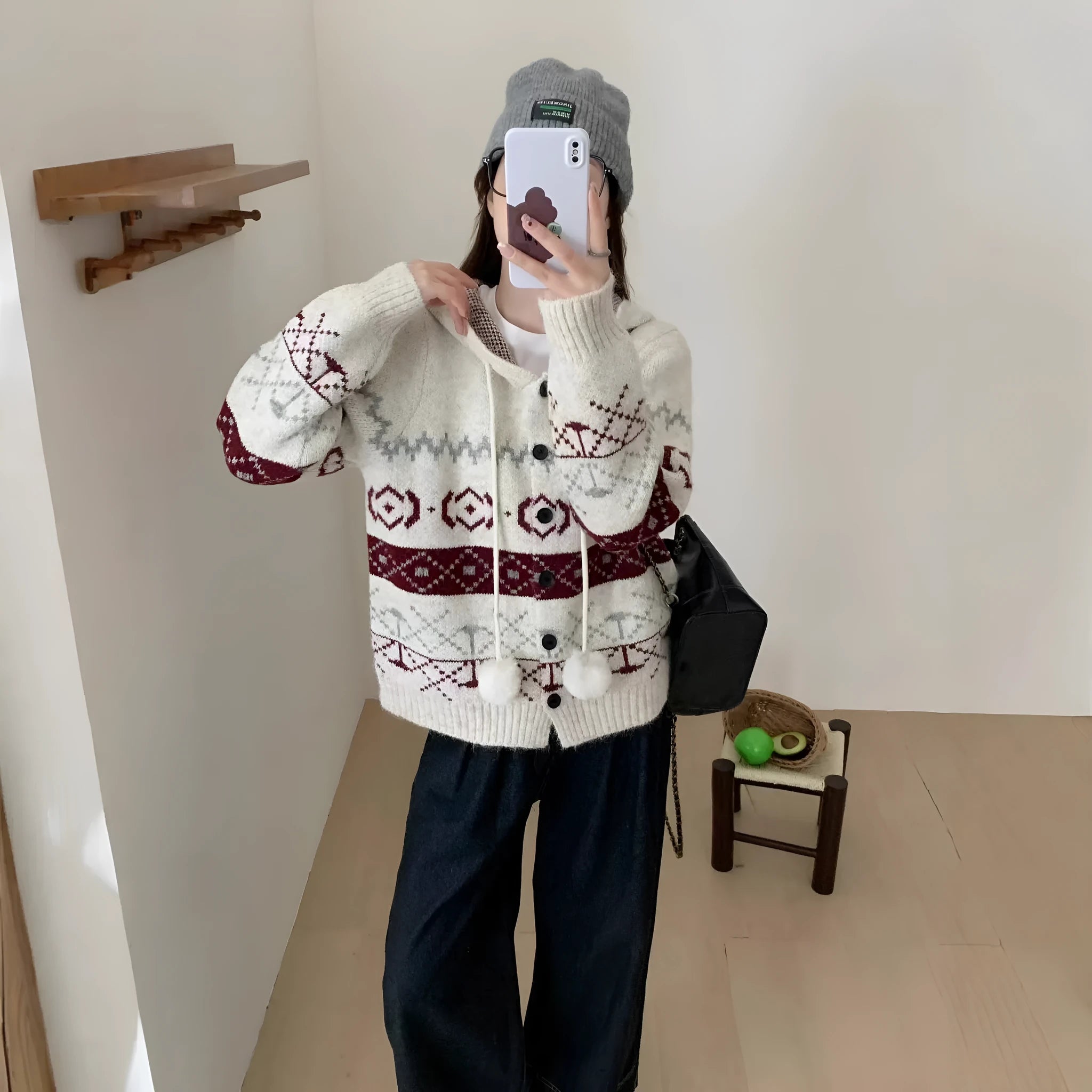 Plus size women's brocade sweater coat with geometric pattern in beige colour