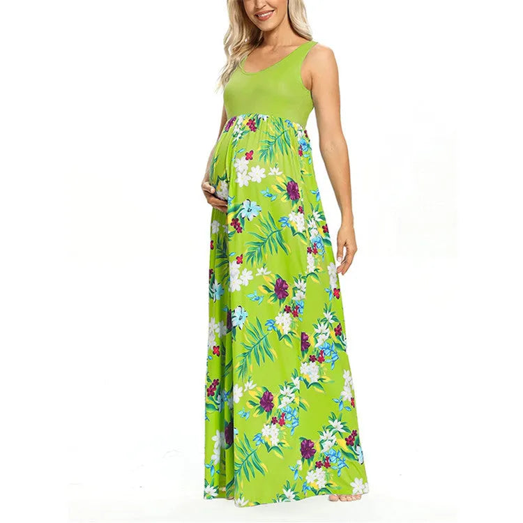 Fashion print stitching round neck maternity dress in light green, sleeveless swing style with high waist, for summer