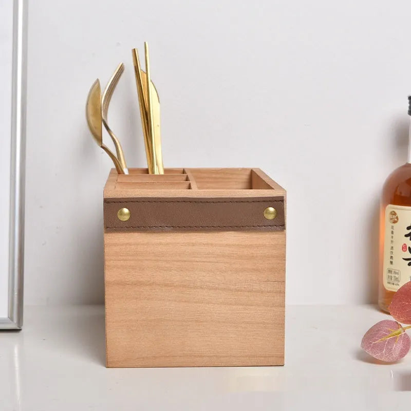 Wooden kitchen storage box with internal grid divider for organising cutlery and chopsticks