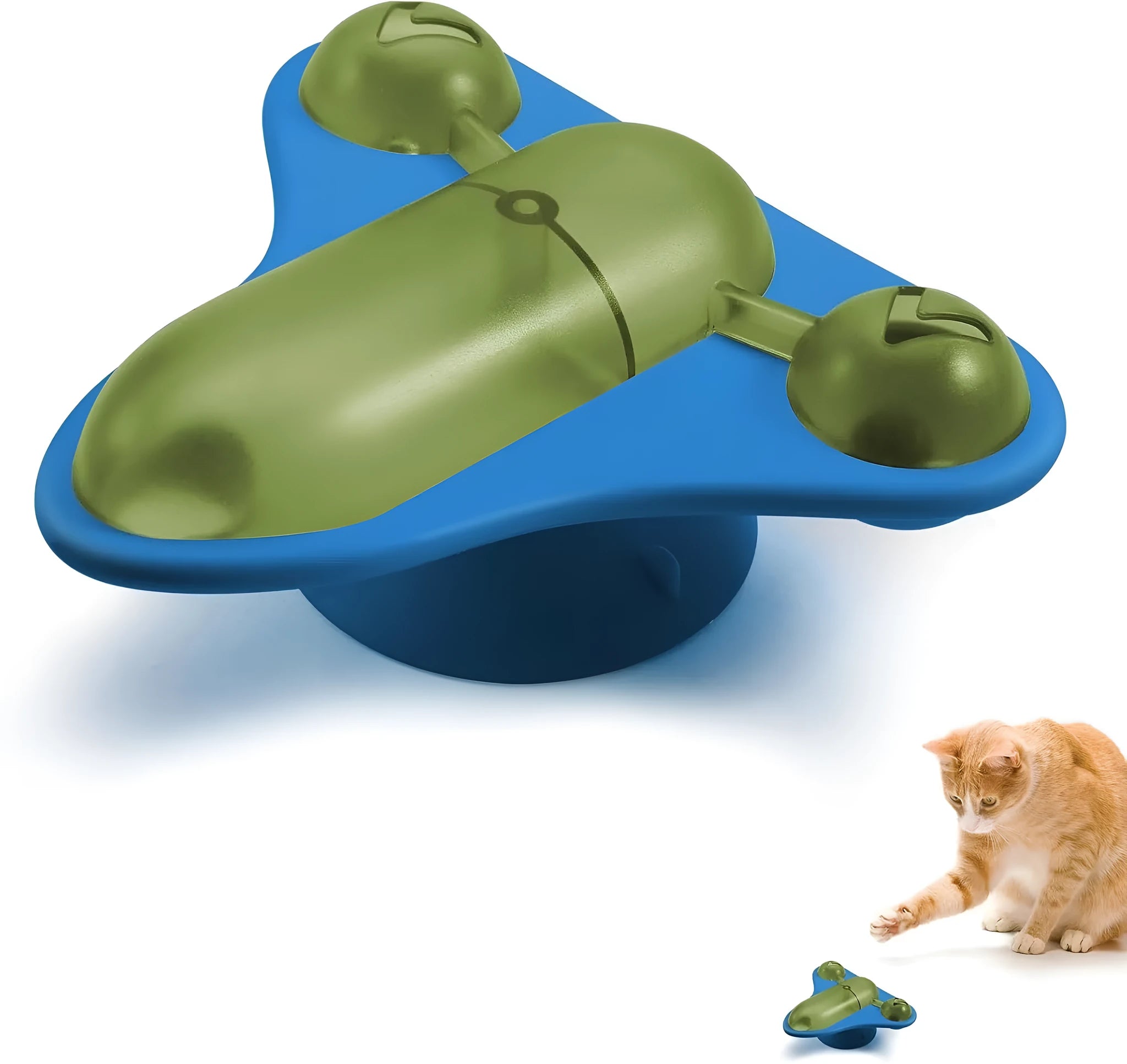Blue interactive pet puzzle toy with bell, catnip, and clear snack cabin on a suction cup base.