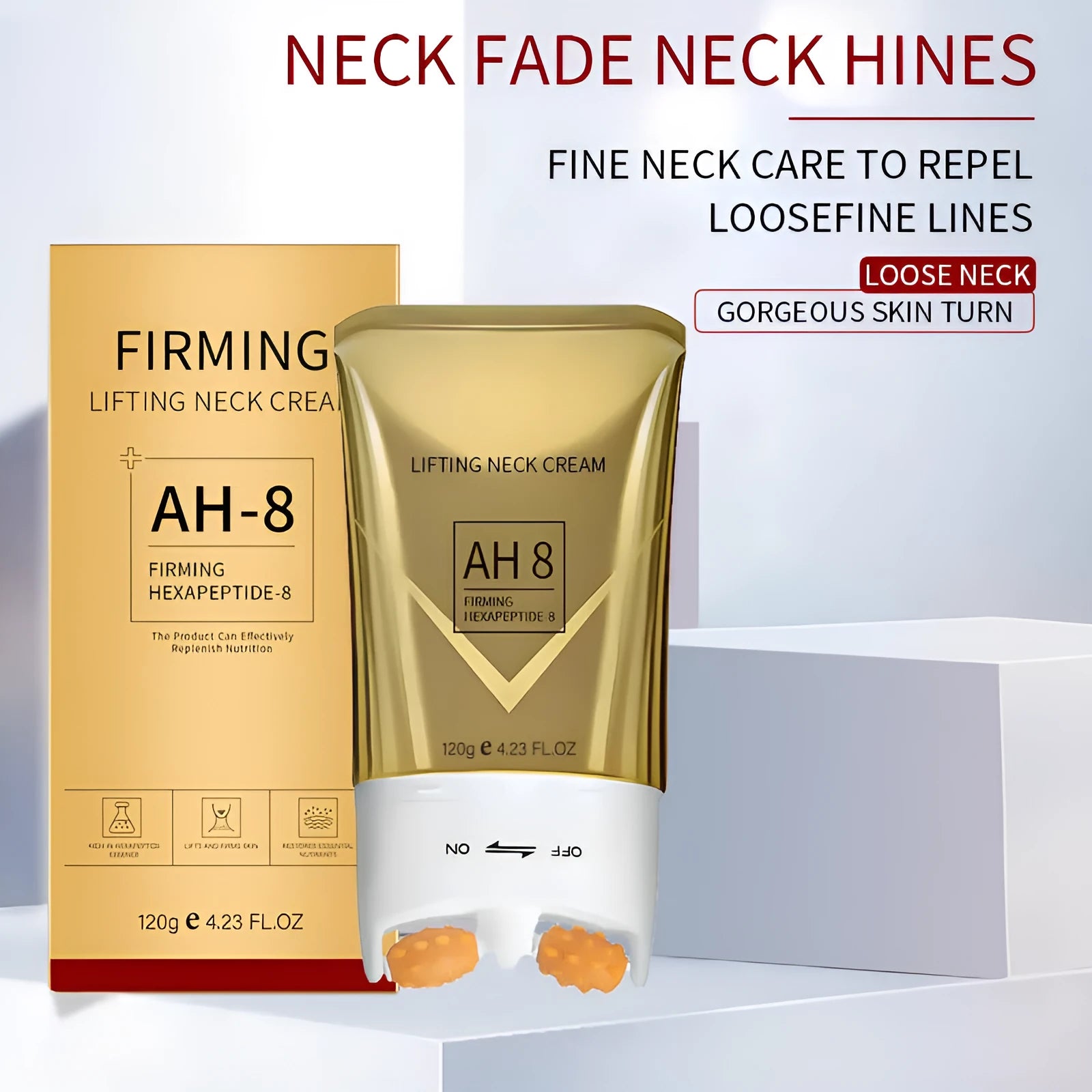 Roller neck cream in container with 120g net content for moisturising and firming.